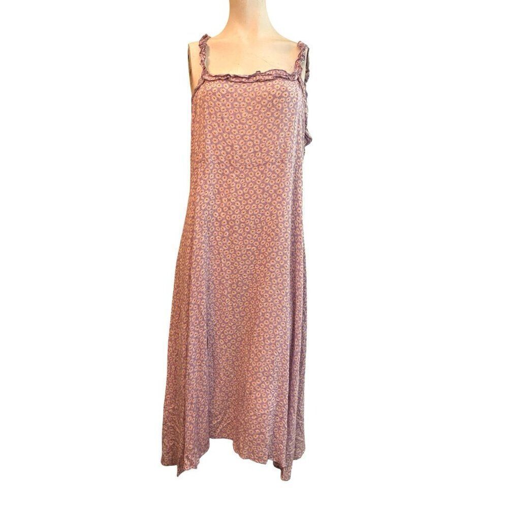 Louna XL Purple Daisy Midi Dress Lightweight Slit Sleeveless Straps Smocked Zips